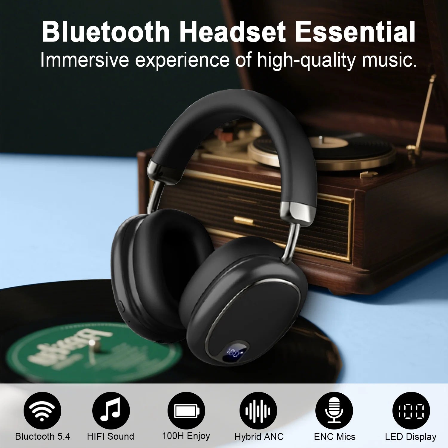 Wireless Headset, 2.4Ghz Bluetooth Headphones 5.4 with ANC Noise Canceling Mic, LED Digital Display Wireless Headphones with Memory Foam, 120+ Hours of Playtime Bluetooth Headset for Pc/Mobile