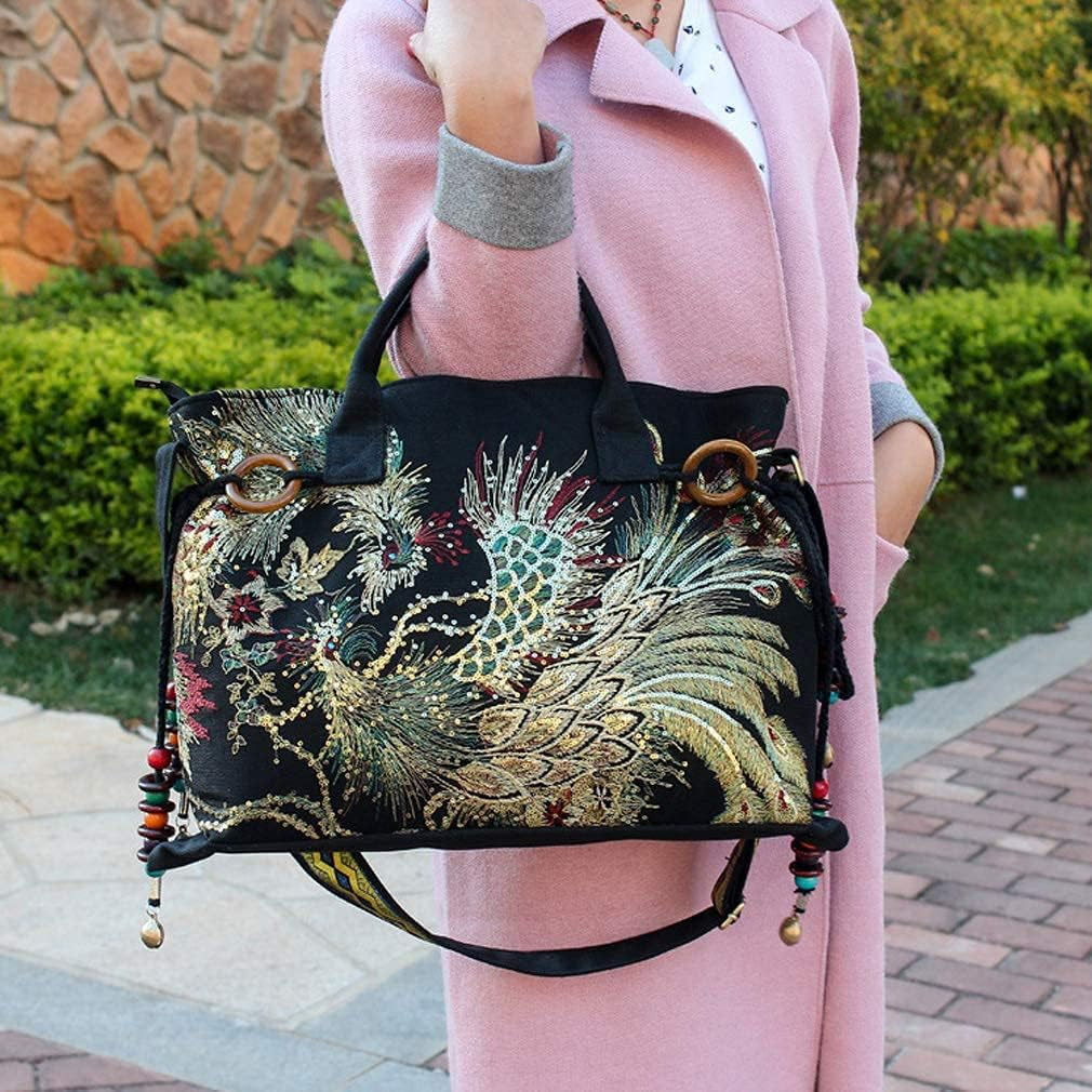 Canavas Shoulder Handbags for Women,Ladies Ethnic Travel Bohemian Bags Tote with Bling Sequins Phoenix Embroidered
