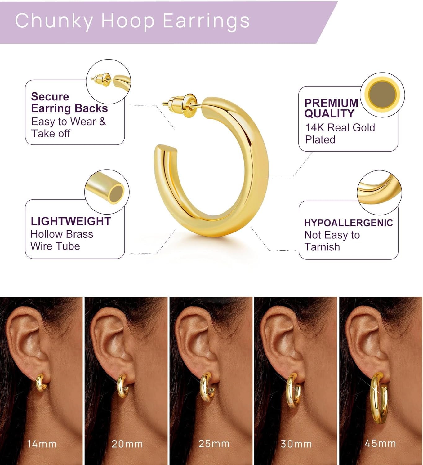 Gold Hoop Earrings, 14K Gold Plated Chunky Small Hoop Earrings for Women Lightweight Jewelry Gifts 14/20/30/35/45MM