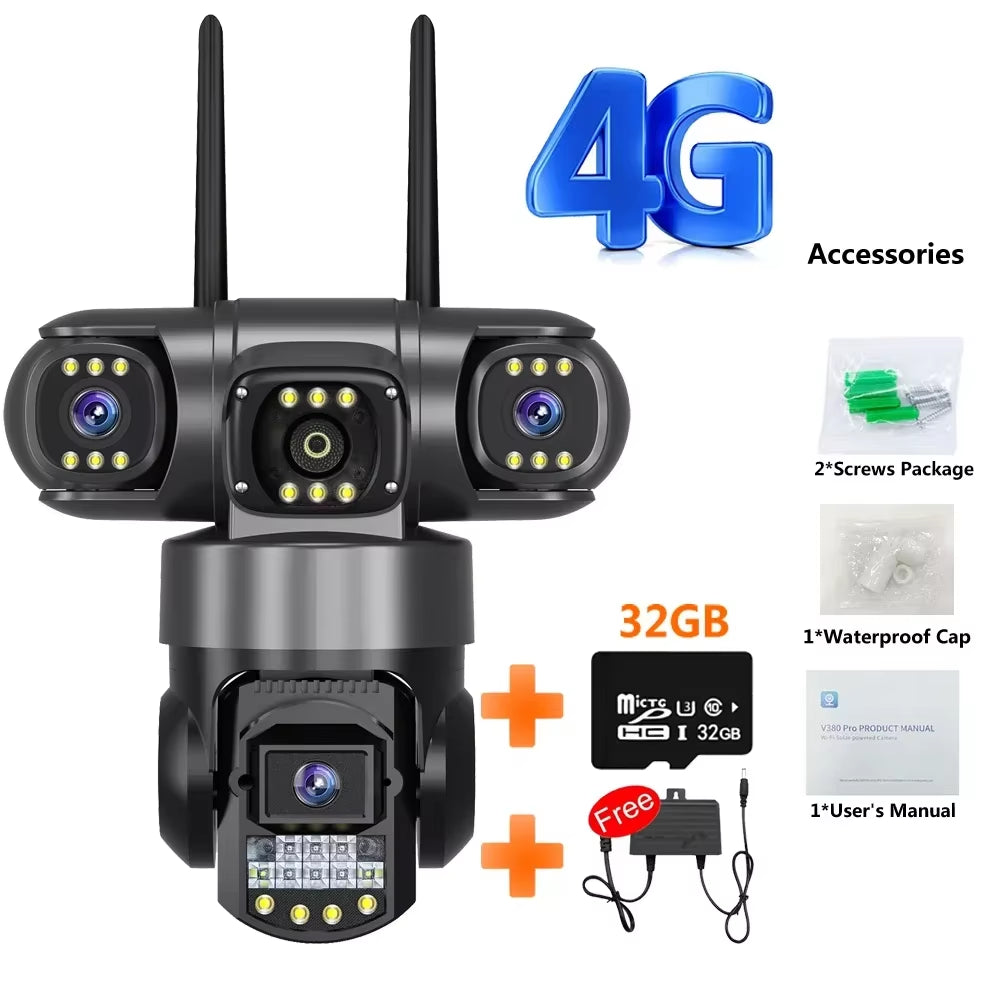 Wifi 3 Lens IP PTZ Network CCTV Camera 4G Sim Card Wireless 360 Monitor Outdoor Waterproof Security Cameras