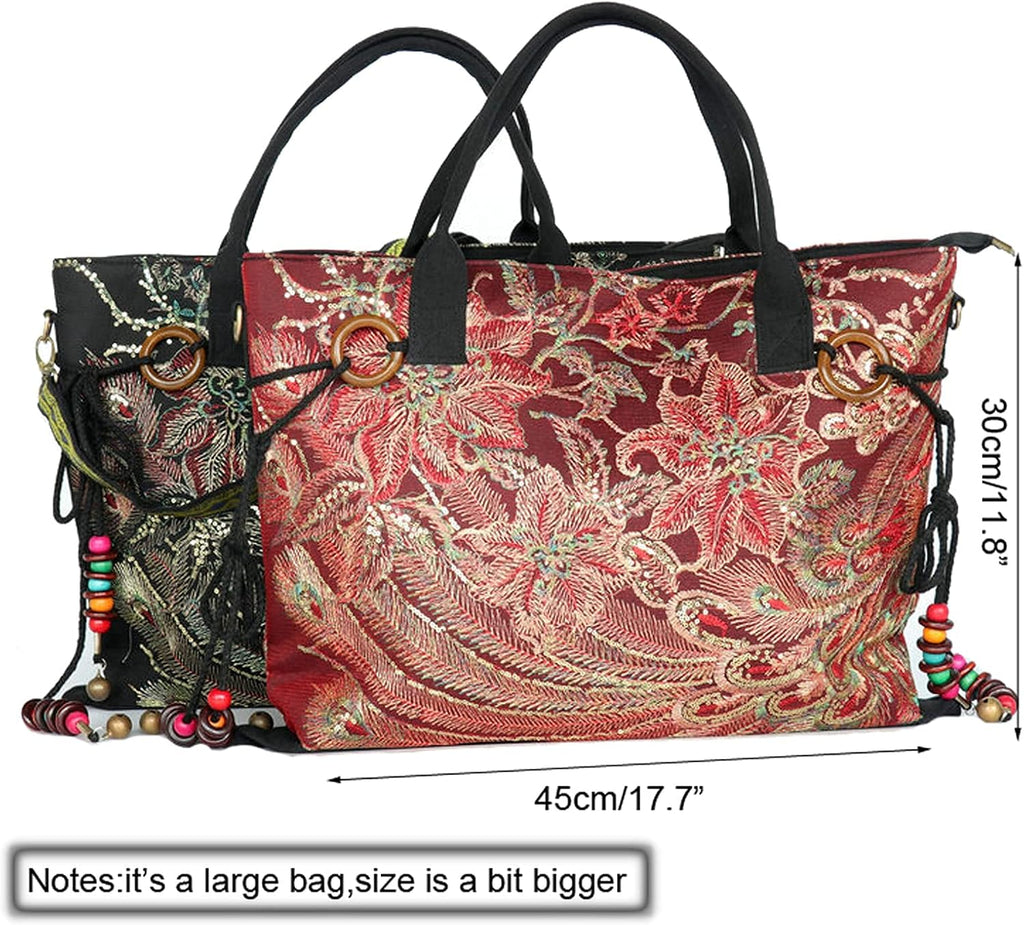 Canavas Shoulder Handbags for Women,Ladies Ethnic Travel Bohemian Bags Tote with Bling Sequins Phoenix Embroidered