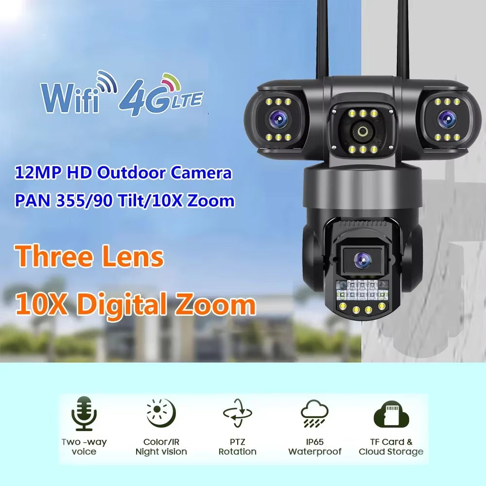 Wifi 3 Lens IP PTZ Network CCTV Camera 4G Sim Card Wireless 360 Monitor Outdoor Waterproof Security Cameras