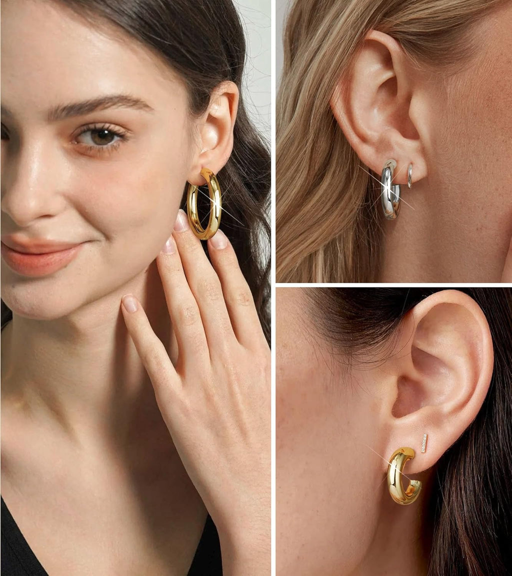 Gold Hoop Earrings, 14K Gold Plated Chunky Small Hoop Earrings for Women Lightweight Jewelry Gifts 14/20/30/35/45MM