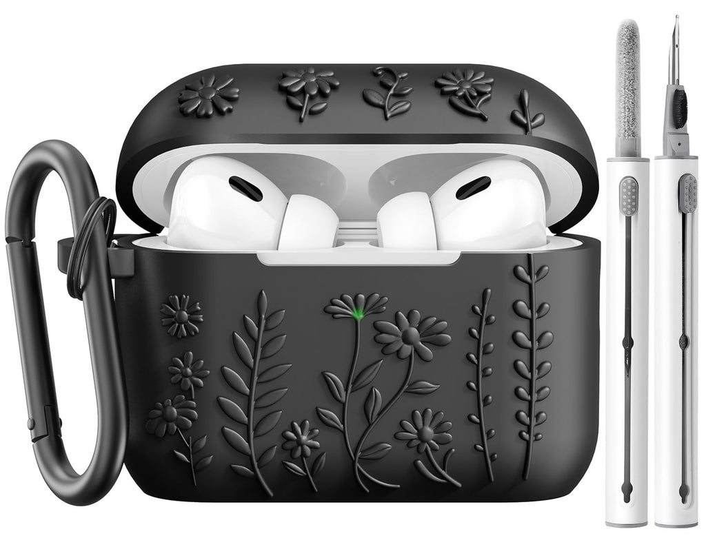 KOREDA Compatible with AirPods Pro 2nd/1st Generation Case Cover Cute 3D Floral Embossed Design Soft Silicone Protective Case for Airpods Pro 2nd/1st Gen with Keychain & Cleaner Kit Black