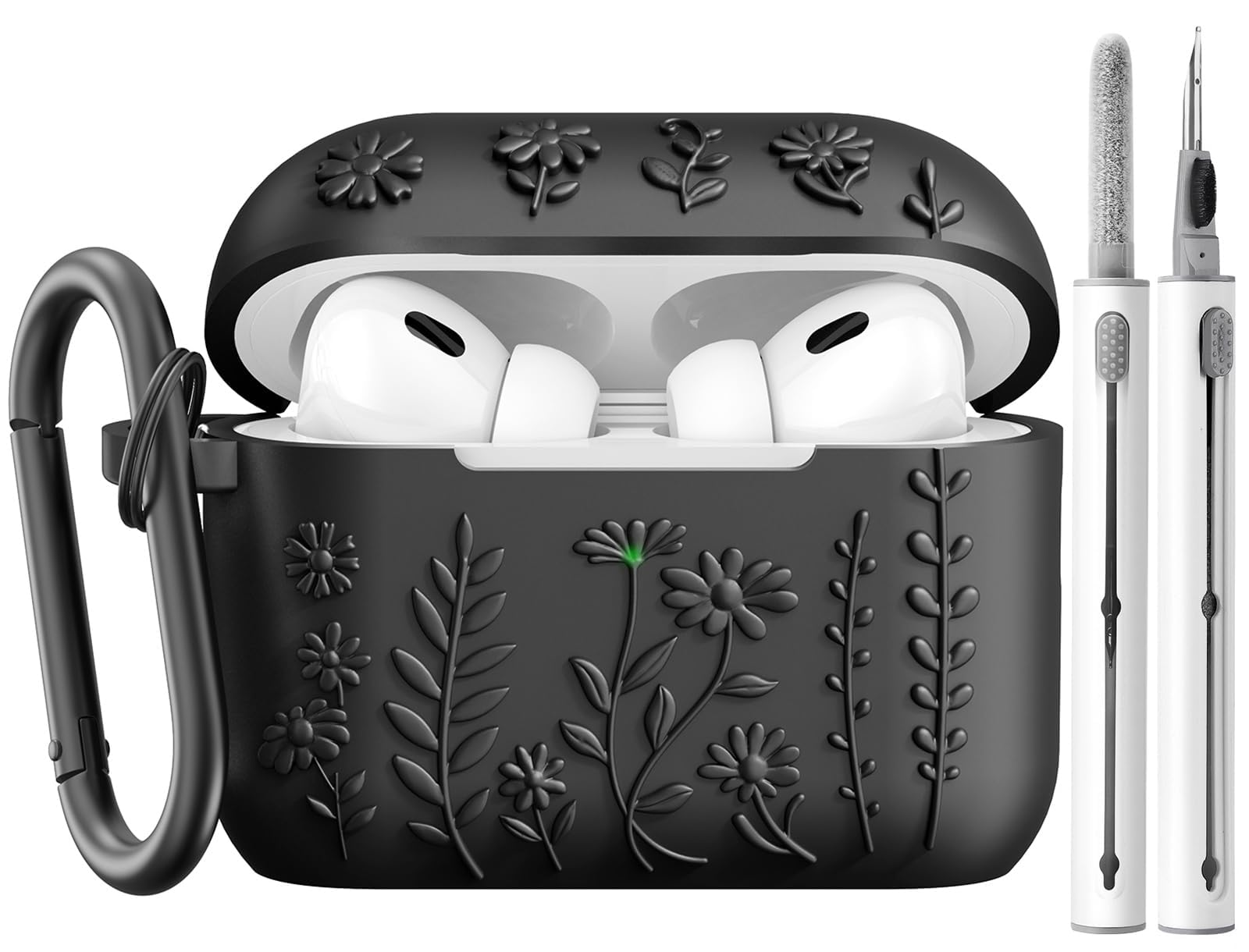 KOREDA Compatible with AirPods Pro 2nd/1st Generation Case Cover Cute 3D Floral Embossed Design Soft Silicone Protective Case for Airpods Pro 2nd/1st Gen with Keychain & Cleaner Kit Black