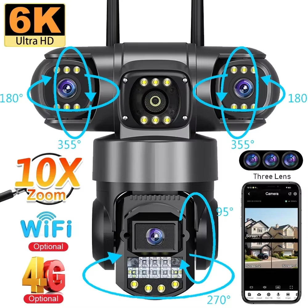 Wifi 3 Lens IP PTZ Network CCTV Camera 4G Sim Card Wireless 360 Monitor Outdoor Waterproof Security Cameras