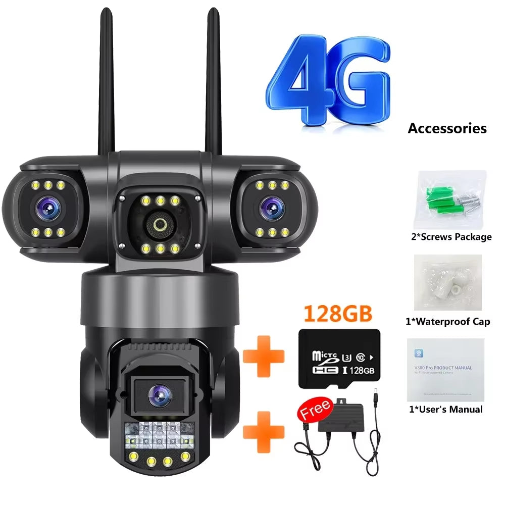 Wifi 3 Lens IP PTZ Network CCTV Camera 4G Sim Card Wireless 360 Monitor Outdoor Waterproof Security Cameras